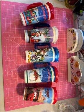 Disney Kids Travel Mugs Set with Red and Blue Lids and Colorful Character Wraps
